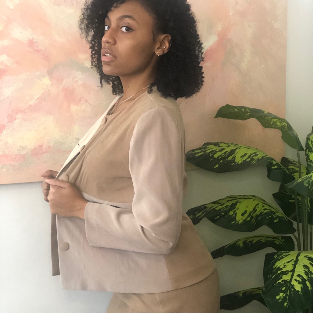 Tan patchwork blazer and skirt set